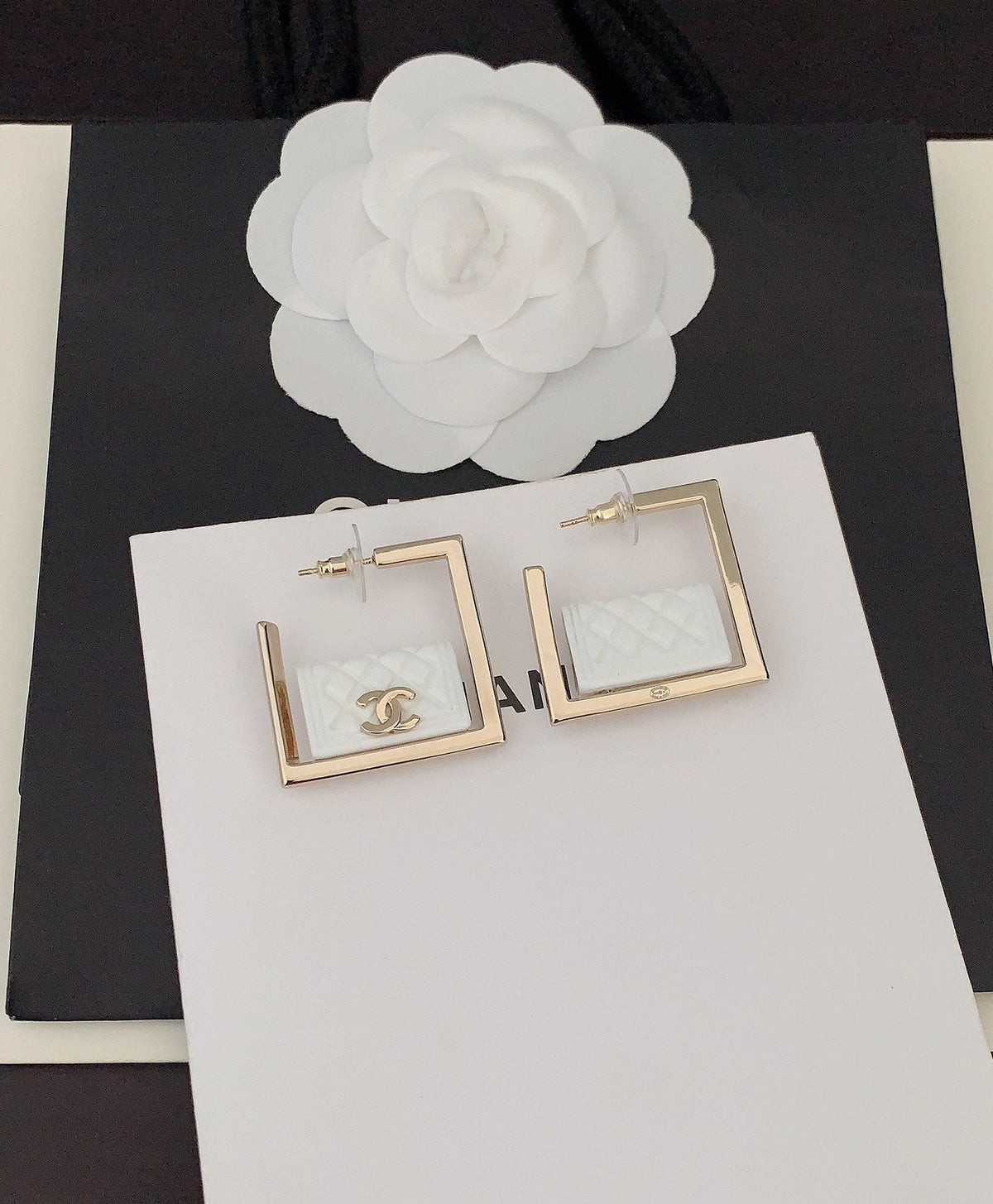18K Chanel White Bag Pendant Earrings