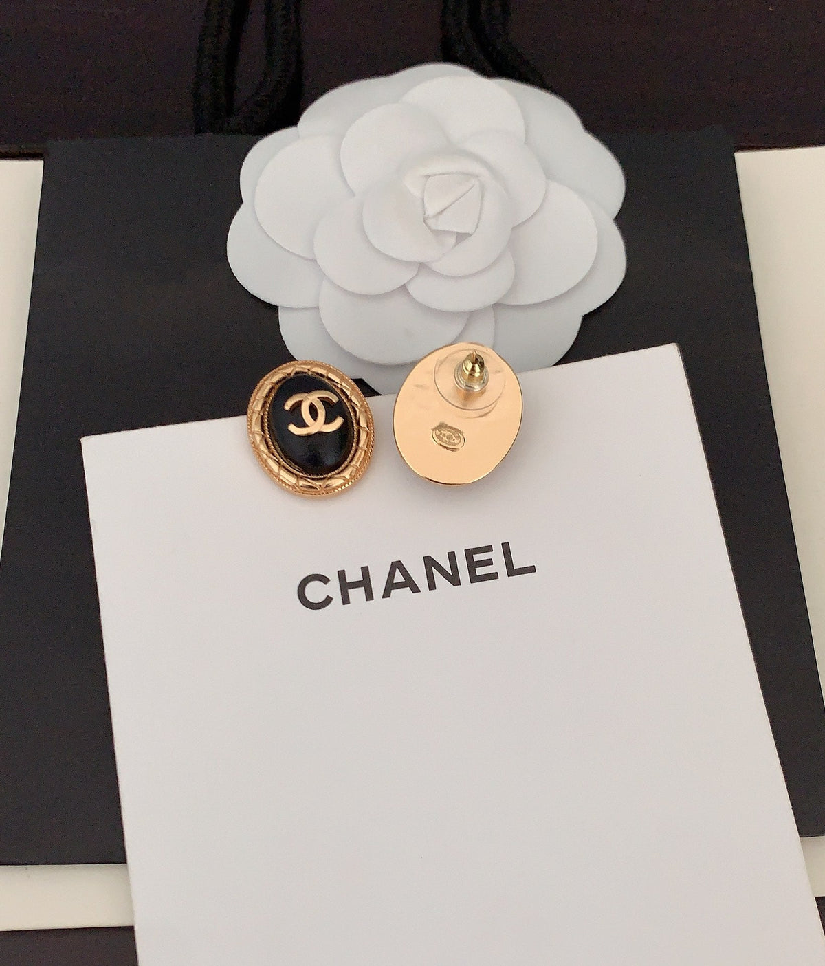 18K Chanel Oval Leather Earrings