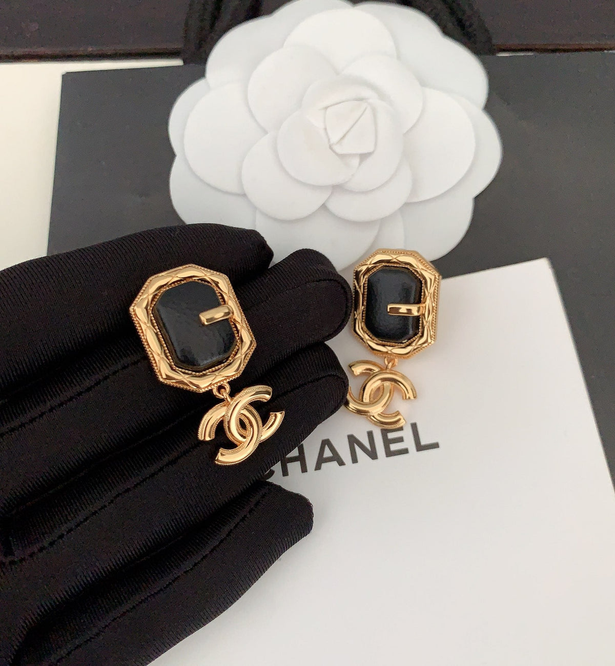 18K Chanel Pendant Leather Earrings