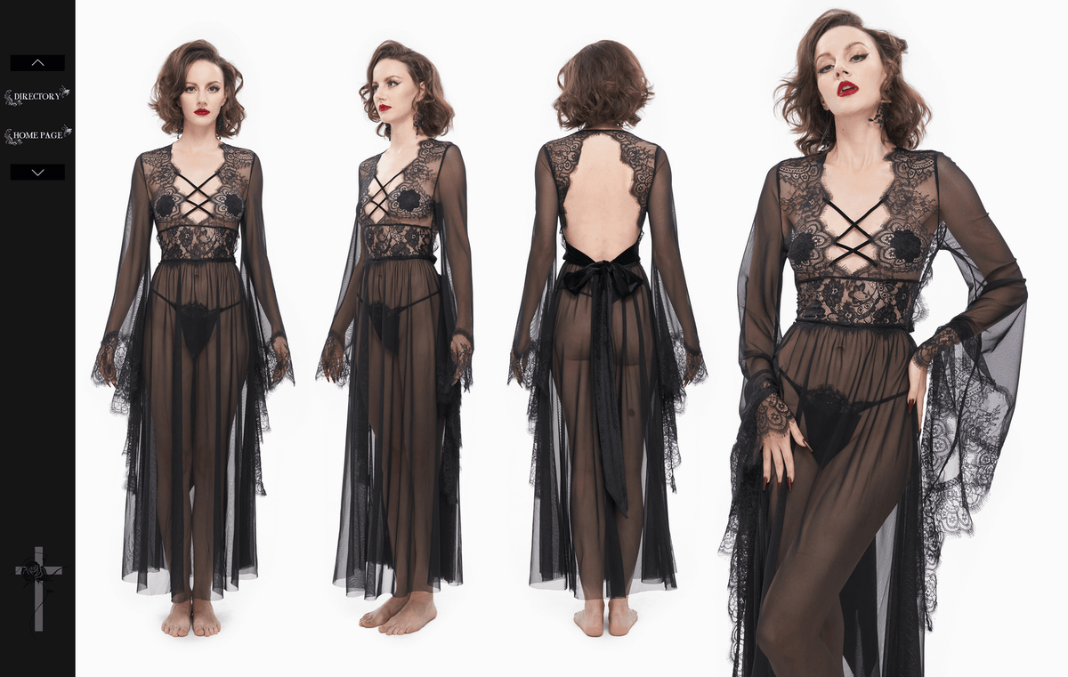 Sexy Hollow Out Transparent Lace Dress / Gothic Open Back Long Dress With Bow