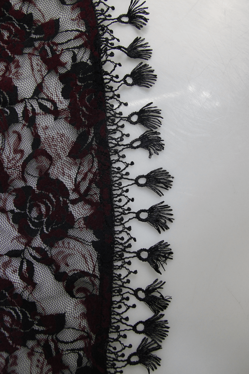 Red & Black Night Dress with Asymmetric Hem / Sexy Roses Embroidered Top with Elastic Straps