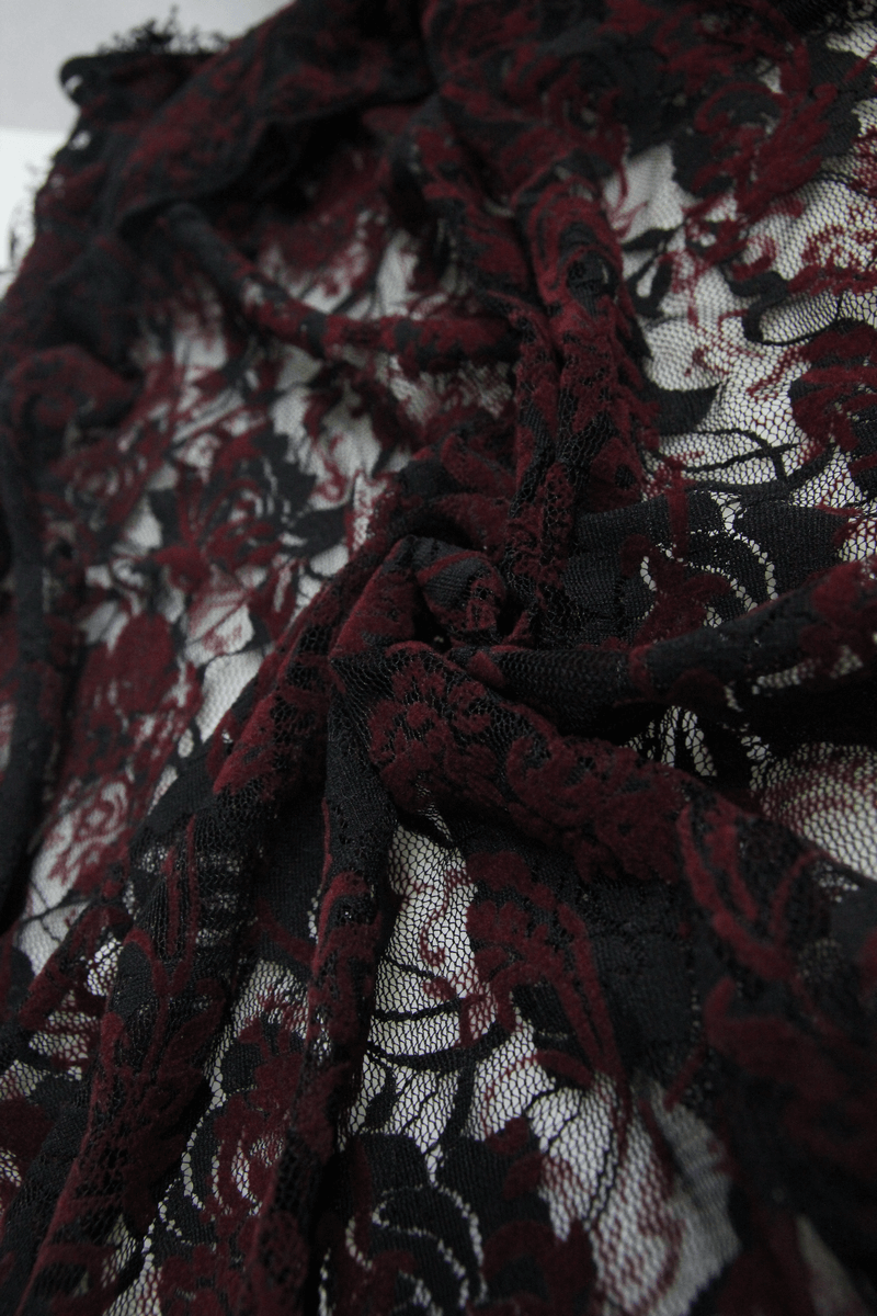 Red & Black Night Dress with Asymmetric Hem / Sexy Roses Embroidered Top with Elastic Straps