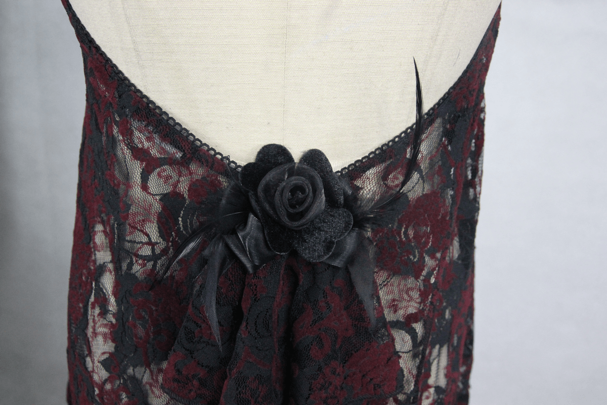 Red & Black Night Dress with Asymmetric Hem / Sexy Roses Embroidered Top with Elastic Straps