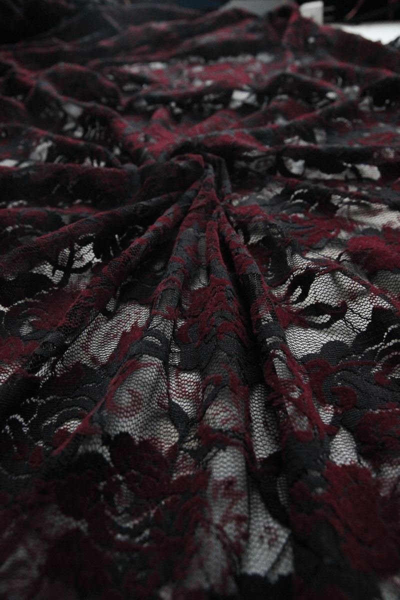 Red & Black Night Dress with Asymmetric Hem / Sexy Roses Embroidered Top with Elastic Straps