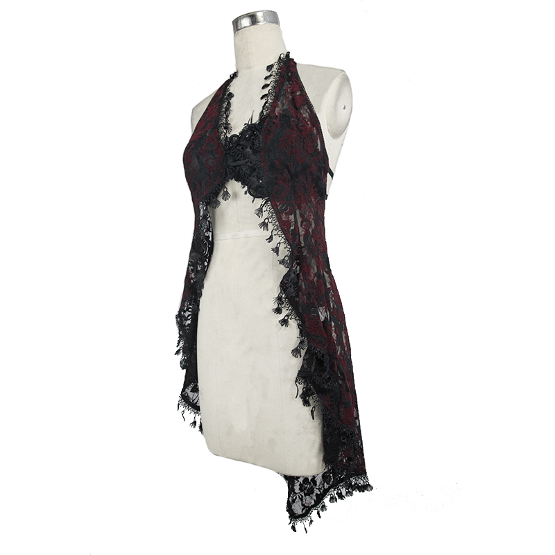Red & Black Night Dress with Asymmetric Hem / Sexy Roses Embroidered Top with Elastic Straps
