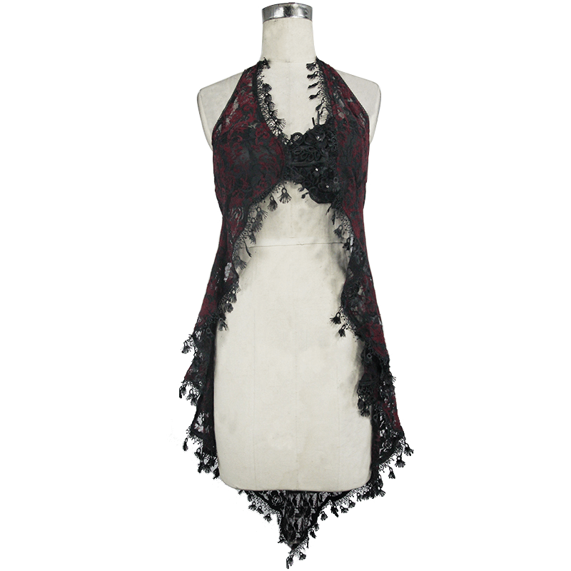 Red & Black Night Dress with Asymmetric Hem / Sexy Roses Embroidered Top with Elastic Straps