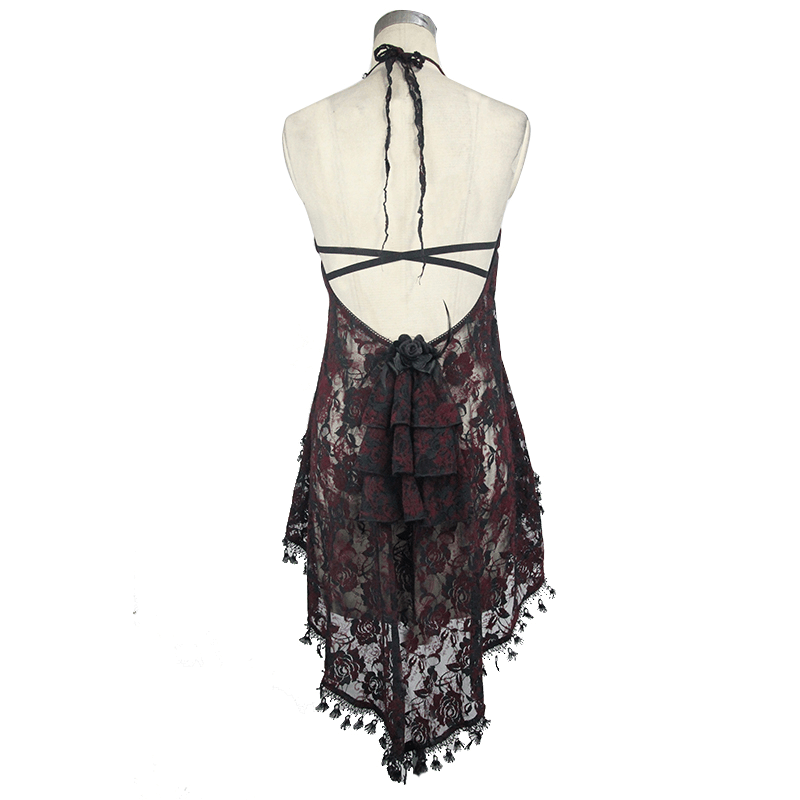 Red & Black Night Dress with Asymmetric Hem / Sexy Roses Embroidered Top with Elastic Straps
