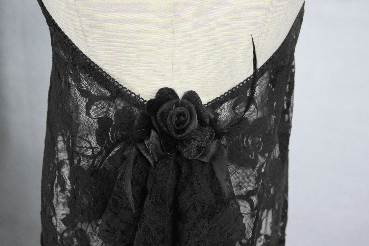 Sexy Black Night Dress with Asymmetric Hem / Lace Dress with Open Back and Elastic Straps