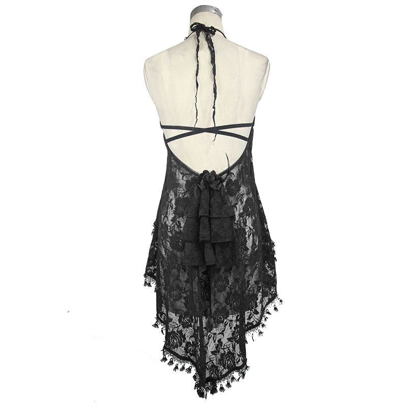 Sexy Black Night Dress with Asymmetric Hem / Lace Dress with Open Back and Elastic Straps
