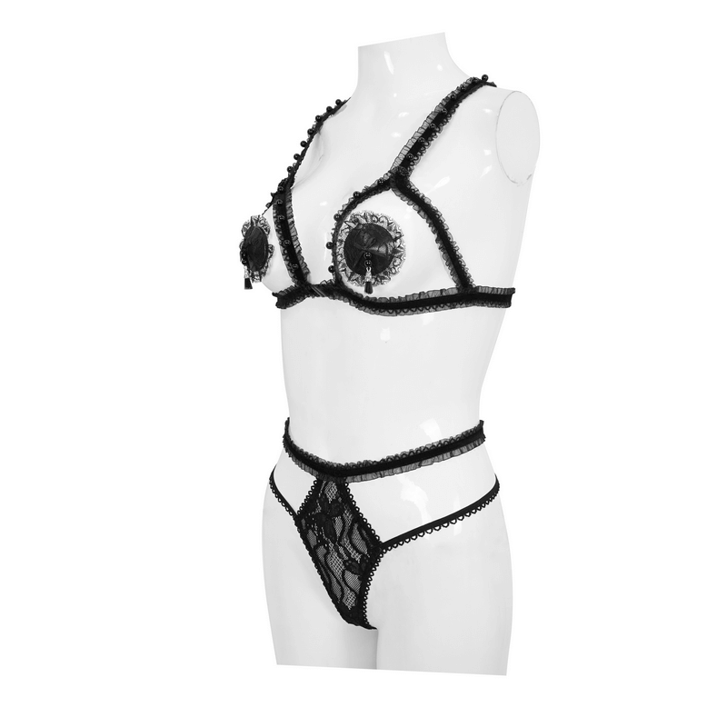 Sexy Black Split Two-Piece Lingerie Set / Gothic Women's Lingerie with Hollow out Bra
