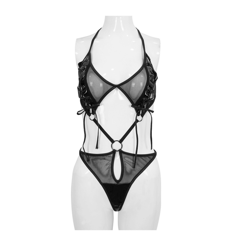 Sexy Gothic Semi-Transparent Bodysuit With Lace-up / Erotic Black Bodysuit for Women