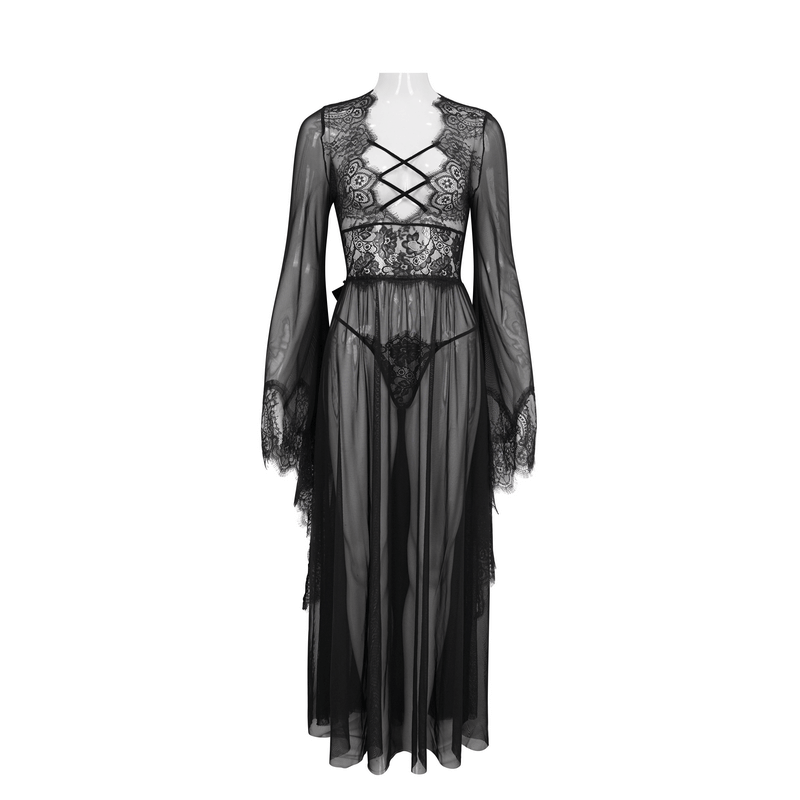 Sexy Hollow Out Transparent Lace Dress / Gothic Open Back Long Dress With Bow