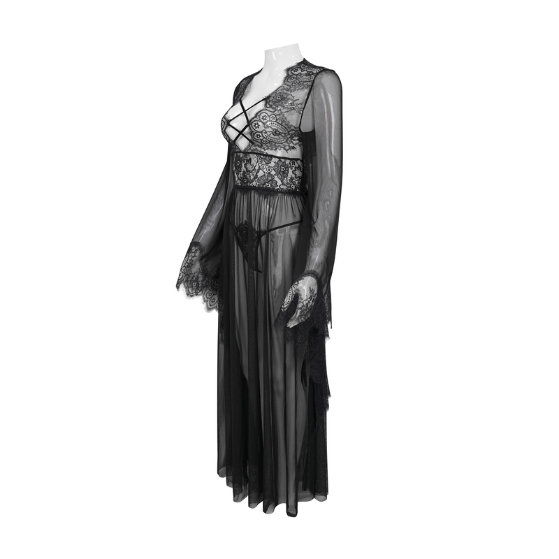 Sexy Hollow Out Transparent Lace Dress / Gothic Open Back Long Dress With Bow