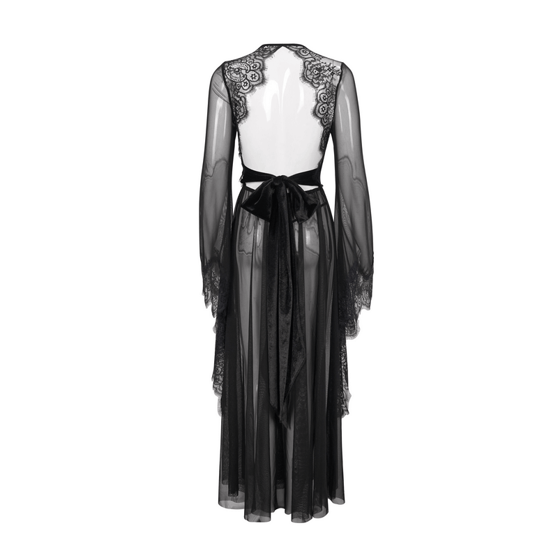 Sexy Hollow Out Transparent Lace Dress / Gothic Open Back Long Dress With Bow