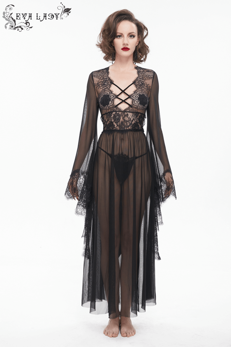 Sexy Hollow Out Transparent Lace Dress / Gothic Open Back Long Dress With Bow