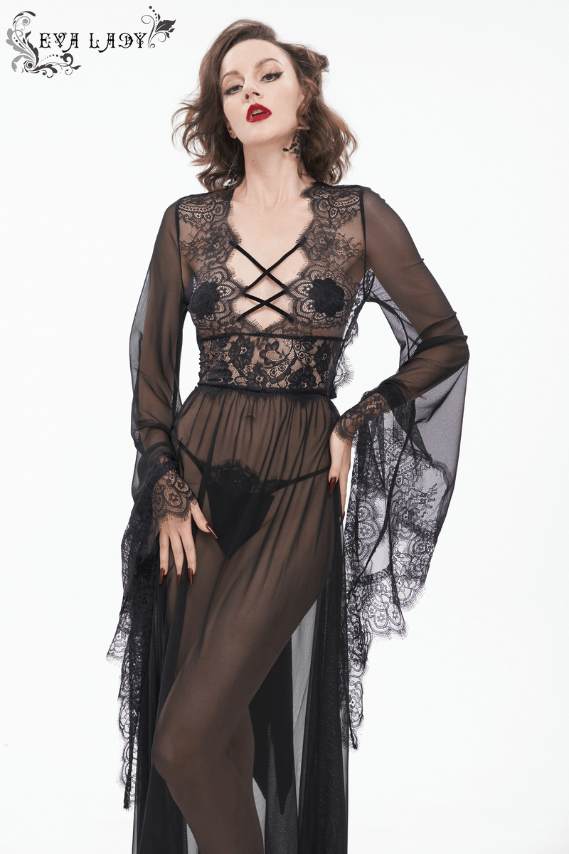 Sexy Hollow Out Transparent Lace Dress / Gothic Open Back Long Dress With Bow