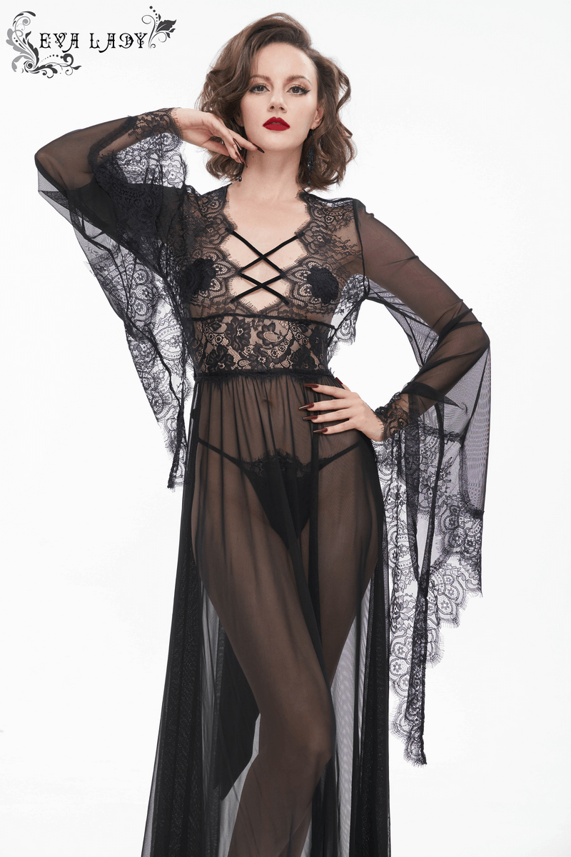 Sexy Hollow Out Transparent Lace Dress / Gothic Open Back Long Dress With Bow