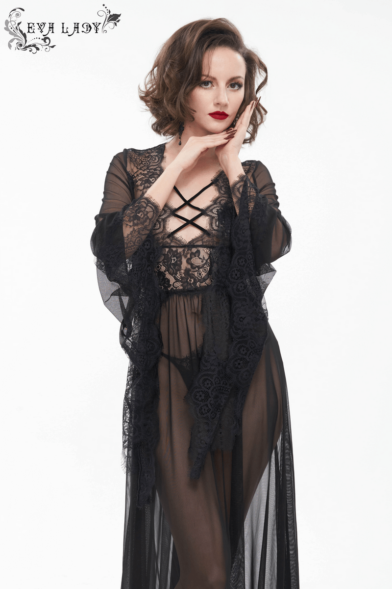 Sexy Hollow Out Transparent Lace Dress / Gothic Open Back Long Dress With Bow