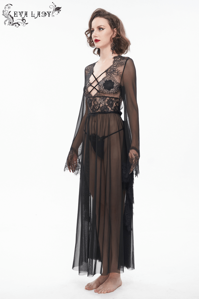 Sexy Hollow Out Transparent Lace Dress / Gothic Open Back Long Dress With Bow