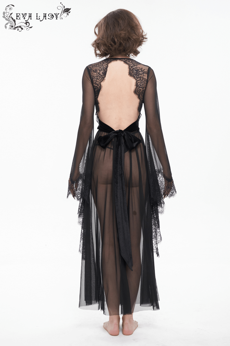 Sexy Hollow Out Transparent Lace Dress / Gothic Open Back Long Dress With Bow