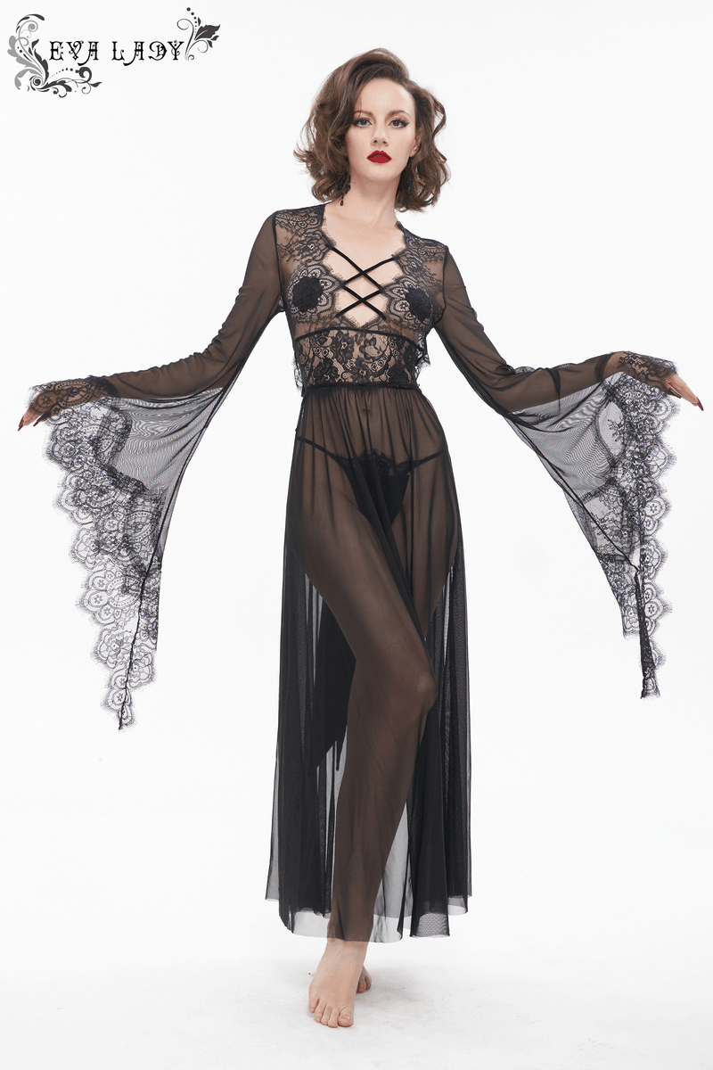 Sexy Hollow Out Transparent Lace Dress / Gothic Open Back Long Dress With Bow