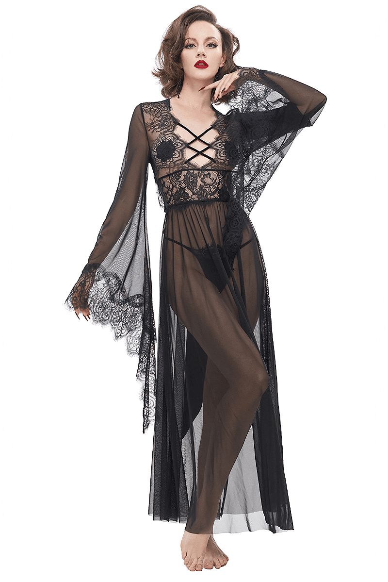 Sexy Hollow Out Transparent Lace Dress / Gothic Open Back Long Dress With Bow