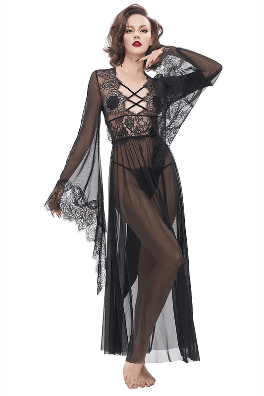 Sexy Hollow Out Transparent Lace Dress / Gothic Open Back Long Dress With Bow
