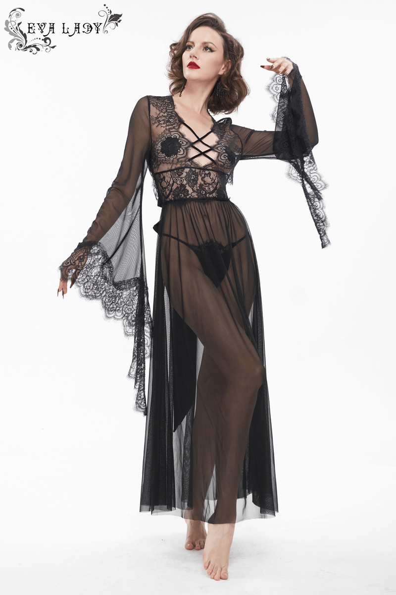 Sexy Hollow Out Transparent Lace Dress / Gothic Open Back Long Dress With Bow
