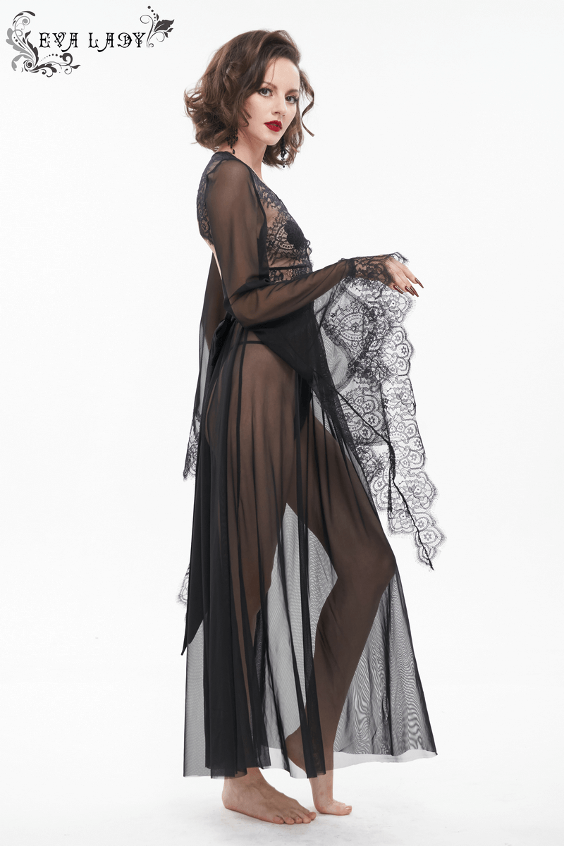 Sexy Hollow Out Transparent Lace Dress / Gothic Open Back Long Dress With Bow