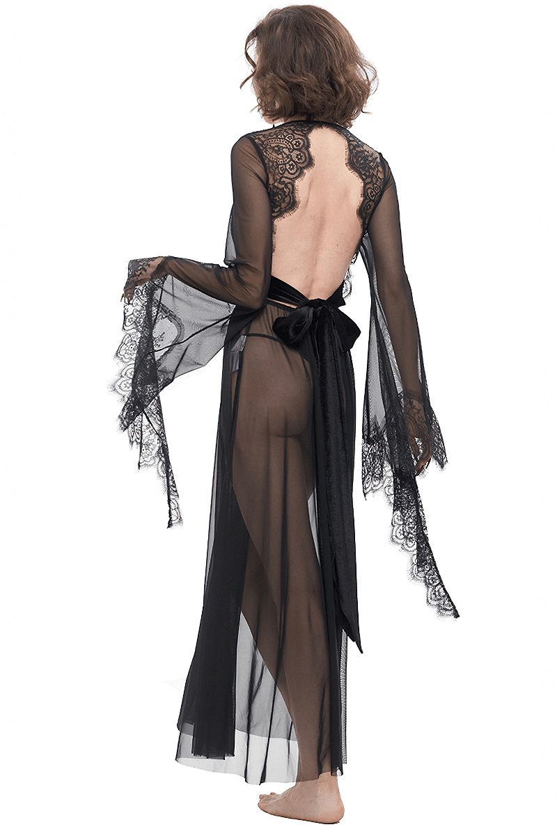 Sexy Hollow Out Transparent Lace Dress / Gothic Open Back Long Dress With Bow