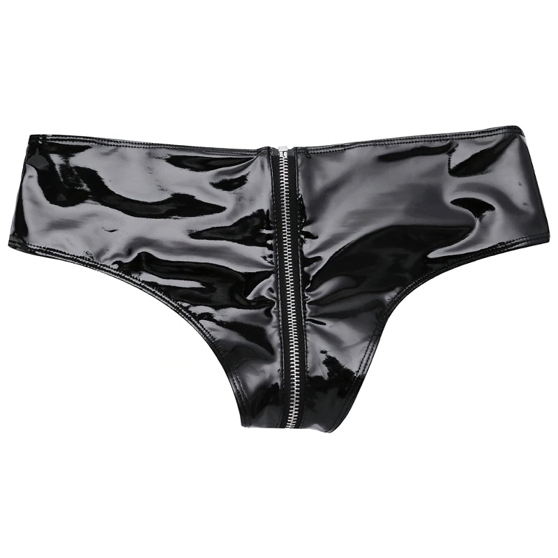 Sexy Panties with Shiny Zipper on Leather For Women / Intimate Women's Underwear