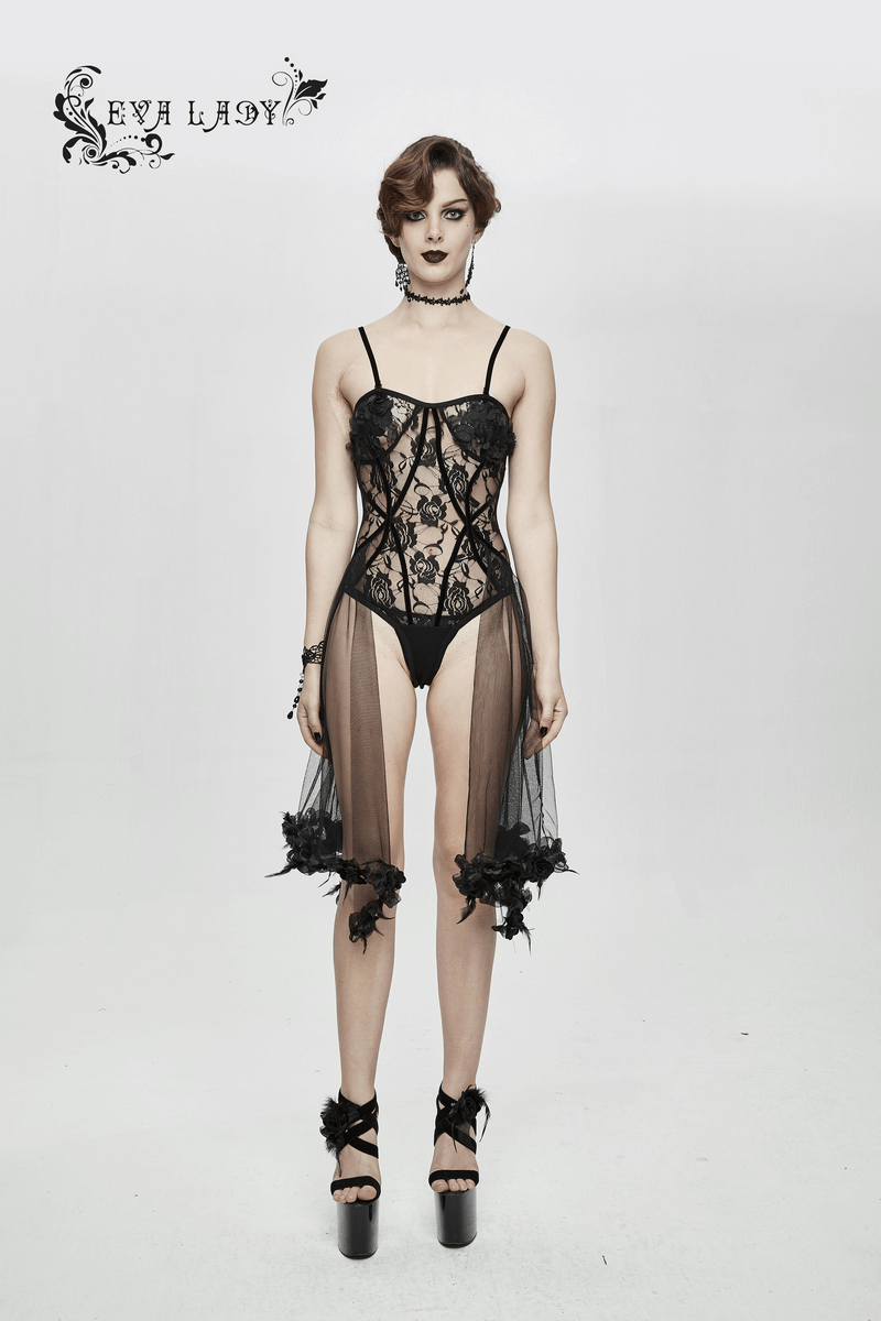 Sexy Transparent Lace Bodysuit With Straps / Gothic Body with Elastic Lace-up Back