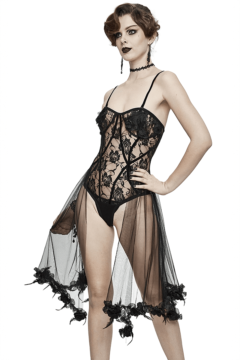 Sexy Transparent Lace Bodysuit With Straps / Gothic Body with Elastic Lace-up Back