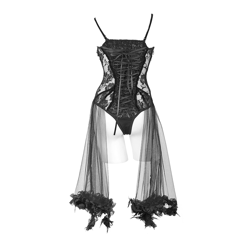 Sexy Transparent Lace Bodysuit With Straps / Gothic Body with Elastic Lace-up Back