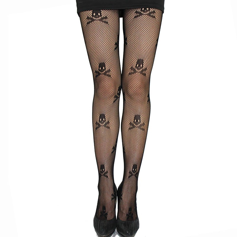 Sexy Women Stretch Pantyhose / Mesh Stockings with Skull Print / Punk Clothing