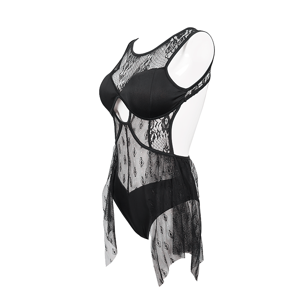 Sexy Women's Sheer Lace Bodysuit with Lace-up Back