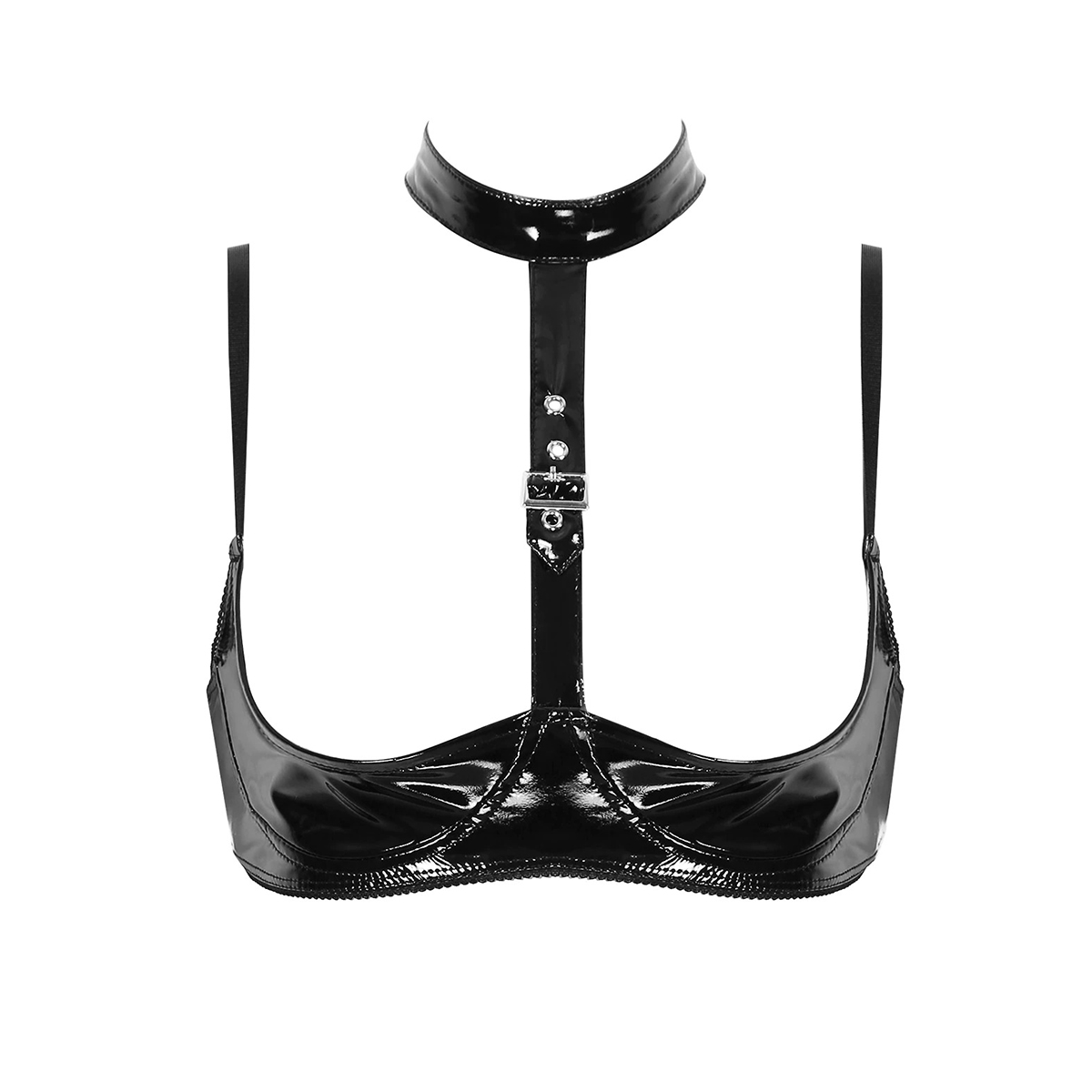 Wire-Free Patent Leather Women's Lingerie / Open Cup Bra With Halter Neck / Shelf Bra Top