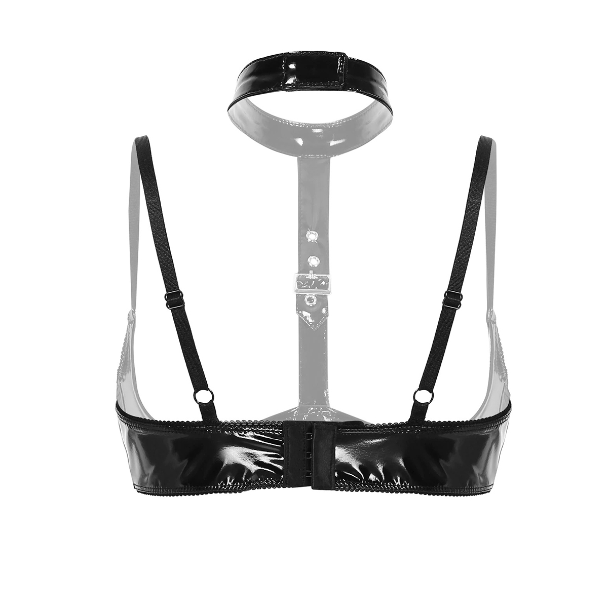 Wire-Free Patent Leather Women's Lingerie / Open Cup Bra With Halter Neck / Shelf Bra Top