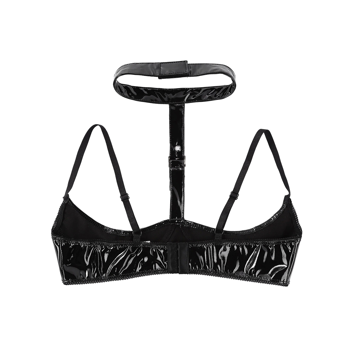 Wire-Free Patent Leather Women's Lingerie / Open Cup Bra With Halter Neck / Shelf Bra Top