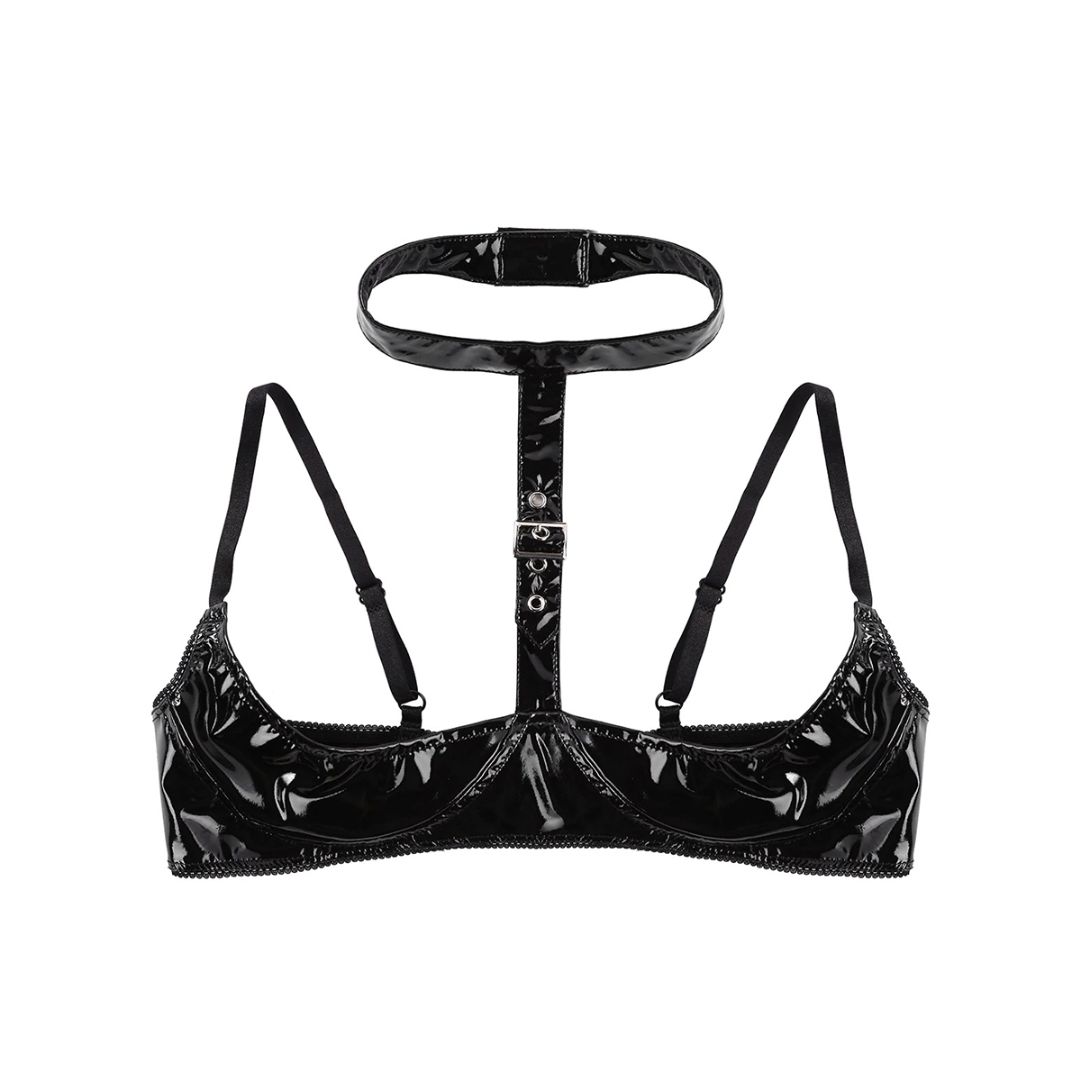 Wire-Free Patent Leather Women's Lingerie / Open Cup Bra With Halter Neck / Shelf Bra Top