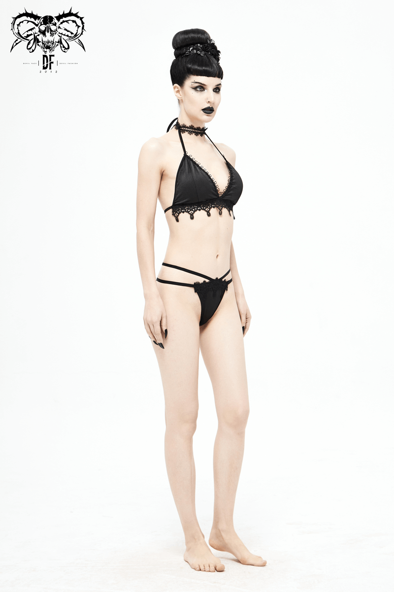 Women's Black Bikini with Choker / Gothic Lace Appliqued Swimsuit Set
