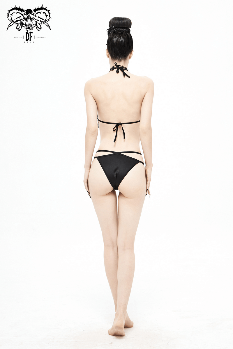 Women's Black Bikini with Choker / Gothic Lace Appliqued Swimsuit Set