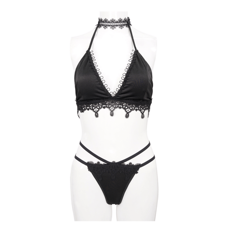 Women's Black Bikini with Choker / Gothic Lace Appliqued Swimsuit Set