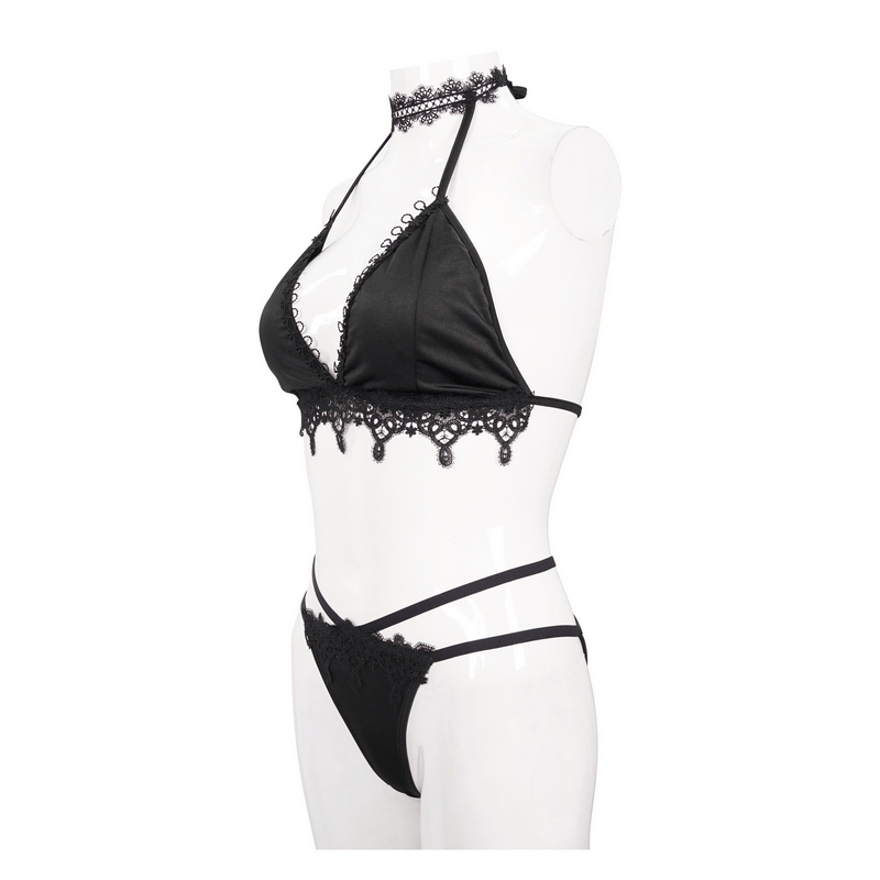 Women's Black Bikini with Choker / Gothic Lace Appliqued Swimsuit Set