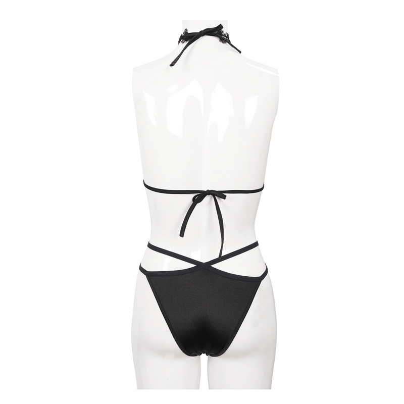 Women's Black Bikini with Choker / Gothic Lace Appliqued Swimsuit Set